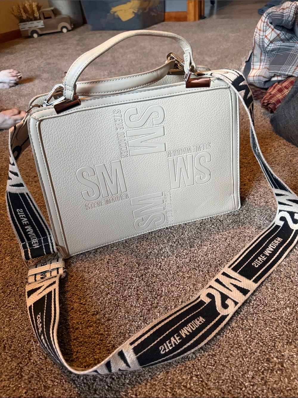 Steve Madden Cream Box Crossbody with Branded Black & Cream Strap